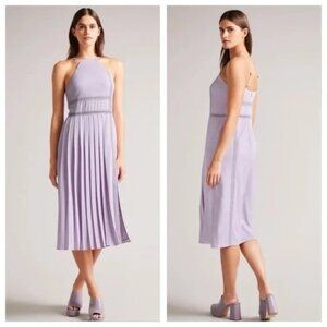 Ted Baker Camylie Dress Size 2 or US 6 Lilac Lace Inset Halter Neck Midi Pleats